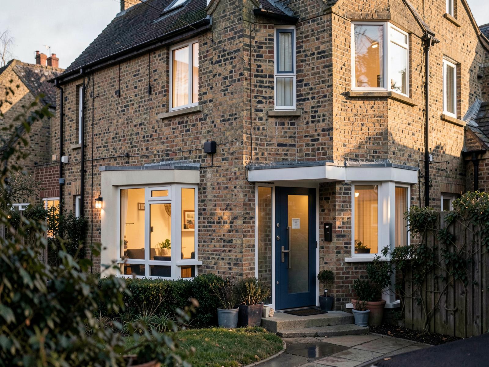 A warmly lit brick family home at dusk